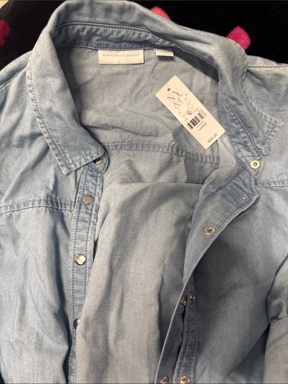 New York & Company Light Blue Denim Snap-Front Shirt